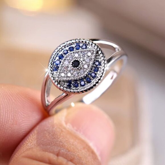 NEW 14k White Gold Blue Sapphire Evil Eye Diamond Ring - Picture 6 of 9